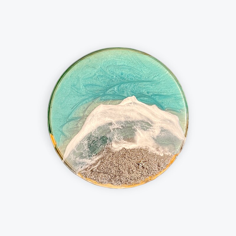 Resin Ocean Art on 9” Solid Wood Circle in Aqua